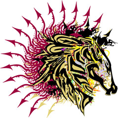 Colorful horse head with dark red arrows elements. Splattered horse head symbol with floral motifs for background and textures, textiles, wallpaper, prints on T-shirts, cards, etc.