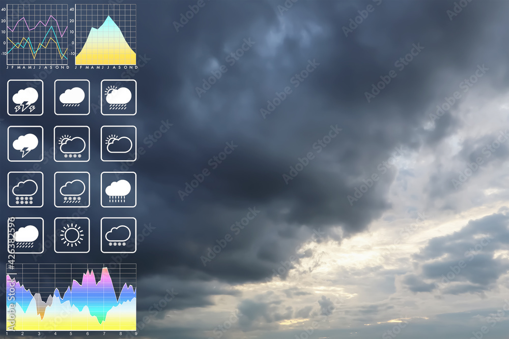 Wall mural weather forecast symbol data presentation with graph and chart on dramatic tropical storm clouds and