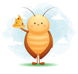 Cute cockroach holding a pizza slice. cartoon character and mascot illustration. Premium Vector