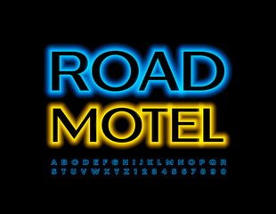 Vector bright sign Road Motel. Blue Neon Font. Glowing set of Alphabet Letters and Numbers