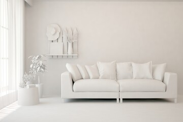 Mock up of stylish room in white color with sofa. Scandinavian interior design. 3D illustration