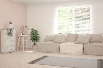 Soft color living room with sofa. Scandinavian interior design. 3D illustration