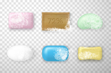 Collection of different colored realistic soap foamy hygienic washing cosmetic detergent cleanser