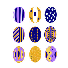 Eggs set in colorful doodle style with different pattern isolated on the white background. Vector illustration for greeting card, easter decoration.