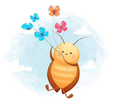 Cute doodle cockroach with butterfly cartoon character Premium Vector