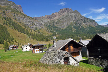 Fototapeta na wymiar houses in the mountains fairy of stones - stable for animals and for the maturing of cheeses and cured meats - mountain pasture in Devero Ossola, Italy Alps Piedmont 