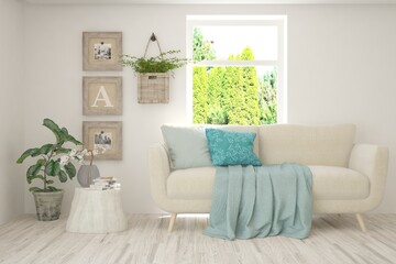 White living room with sofa and summer landscape in window. Scandinavian interior design. 3D illustration