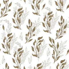 Beautiful seamless pattern with golden branches with leaves. Hand painted illustration on white background. Great for fabrics, wrapping papers, wallpapers, covers.