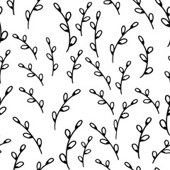 Branches blossom pussy willow tree, catkins seamless pattern. Black silhouettes on white background Easter holiday background for printing on fabric, paper,gift 