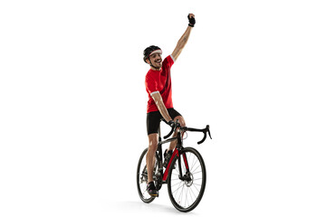 Professional male bike rider on road bike isolated over white background.