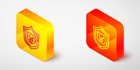 Isometric line Shield with pig icon isolated on grey background. Animal symbol. Yellow and orange square button. Vector