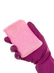 Multi-colored sponges for washing and cleaning in a man's hand. Hand in latex glove isolated on white. A gloved hand holds a sponge