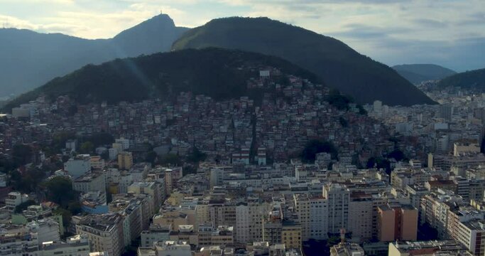Beatiful aerial of Cantagalo Hill slums near Copacabana in Rio de Janeiro. Panoramic high angle shot.