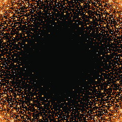 Rose gold glitter sparks on a black background. Shiny confetti with glowing lights. Vector illustration.
