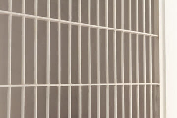 White steel bars inside a prison cell.