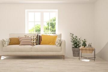 White living room with sofa and summer landscape in window. Scandinavian interior design. 3D illustration