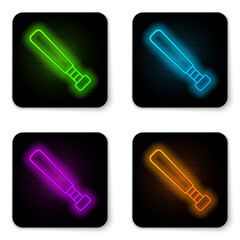 Glowing neon line Baseball bat icon isolated on white background. Black square button. Vector