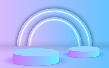 Realistic halographic podium on a bright background. Elegant halographic stage with empty cylindrical plinths to showcase products. Luxury vector platform mockup