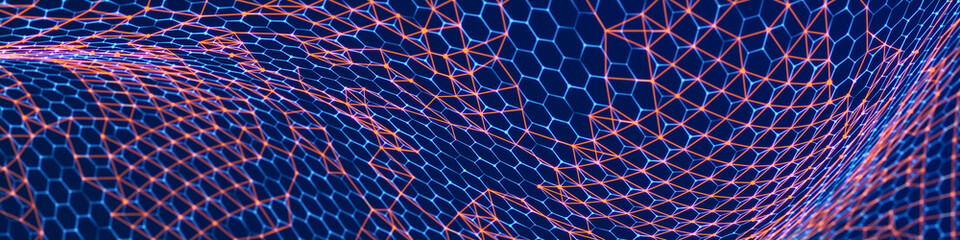 Technology background. Honeycomb concept. Big data. Hexagonal space with connected dots and lines. 3d