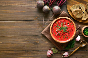 Beetroot soup in bowl, borscht