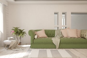 White living room with sofa. Scandinavian interior design. 3D illustration