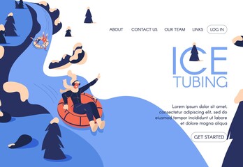 Ice tubing landing page template. Women riding down the hill drawn in cartoon style with blue and orange