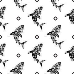 Seamless black and white pattern with sharks. Good for mural wallpaper, fabric, postcards and printing. Vector