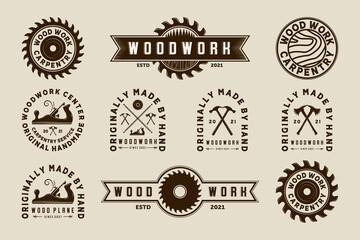 Exclusive Set of Woodwork Vector Illustration Logo Design. Premium Set of Woodwork Logo Template for Wood Master, Sawmill and Carpentry Service. Collection, Bundle or Set Logo of Woodworking Tool