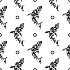 Seamless black and white pattern with sharks. Good for menus, postcards, books, murals and fabrics. Vector illustration.