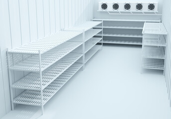Refrigeration chamber for food storage. Metal shelves and racks for storing frozen foods. Food...