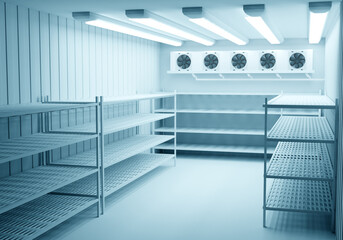 Refrigerators compartment. Warehouse with shelves for food storage. Grocery warehouse with air...