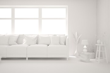 White minimalist living room with sofa. Scandinavian interior design. 3D illustration