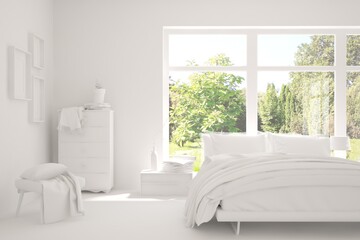 Modern bedroom in white color. Scandinavian interior design. 3D illustration