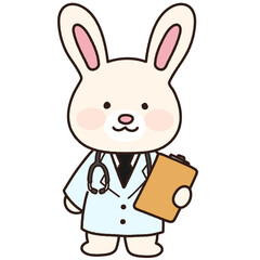 Adorable white bunny in hospital uniform holding a clipboard outlined