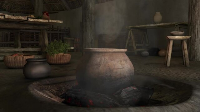 medieval cooking pot on fire