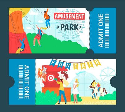 Graphic design cartoon colorful amusement park tickets, vector illustration. People in fairground have fun, ride carousel, play darts.