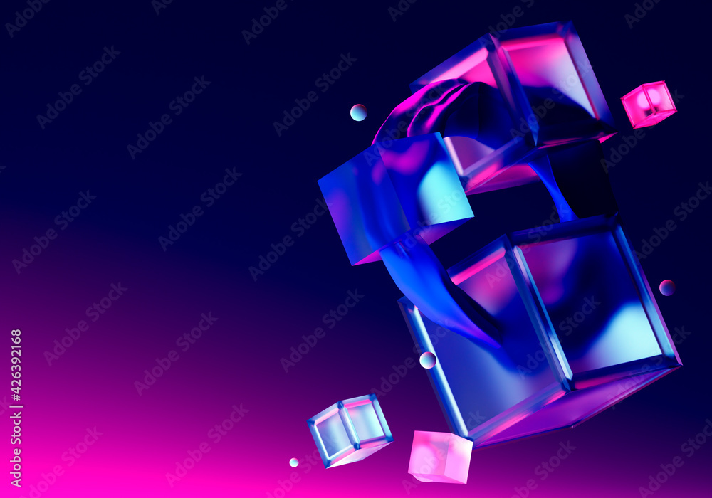 Poster abstract three-dimensional background for site. cubes on neon background. blue-lilac pattern. abstra