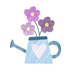 Hand drawn illustration with watering can with flowers. Designed for prints, background, icons, symbols, design element.