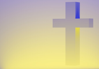 Fototapeta premium Catholic cross on light background. It symbolizes faith in Christianity. Three-dimensional cross is illuminated with yellow light. Place for inscription next to Catholic cross. Christianity symbol 3d