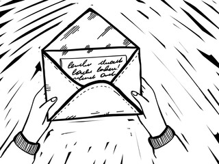 Vector drawing letter in hands. A man holds a mail envelope with a letter. Coloring book black and white.