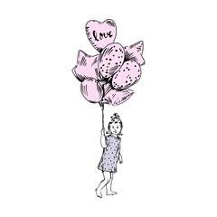 Smiling little girl keeping the big bunch of pink balloons on her hand. Birthday party. Hand drawn vector illustration in sketch style. 