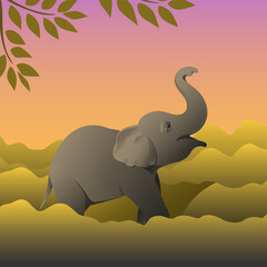 Cute African baby elephant in the wild with trees. Vector cartoon illustration