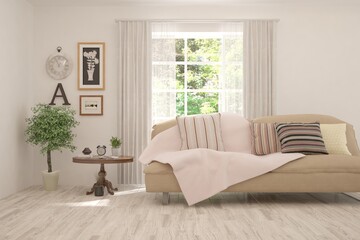 White living room with sofa and summer landscape in window. Scandinavian interior design. 3D illustration