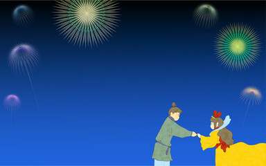 七夕と花火のイメージ、織姫と彦星、夏素材