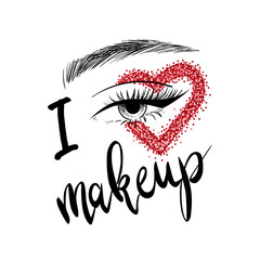 Glitter heart on eye with lettering and glitter