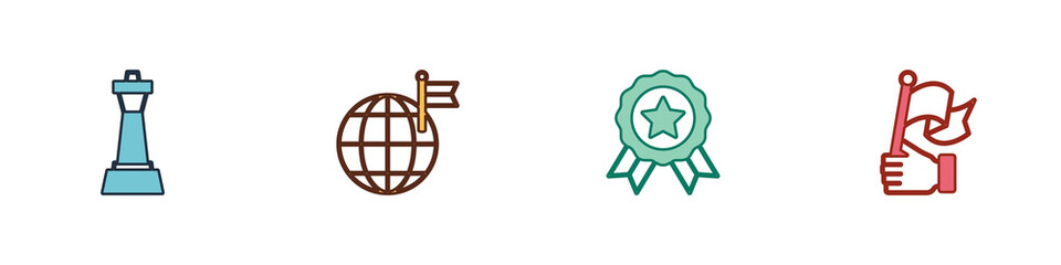 Set Chess, Planet with flag, Medal and Hand holding icon. Vector