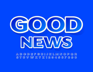 Vector creative template Good News. Sticker style Font. Set of Blue Alphabet Letters and Numbers set