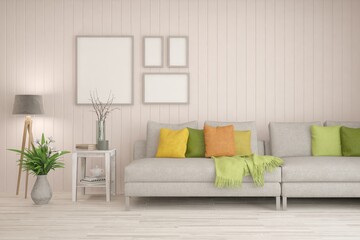 Soft color living room with sofa. Scandinavian interior design. 3D illustration