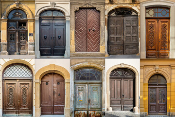 Collage of Wooden Doors in the city of Zagreb, Croatia