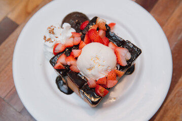 Strawberry Chocolate Honey Toast with Ice Cream.